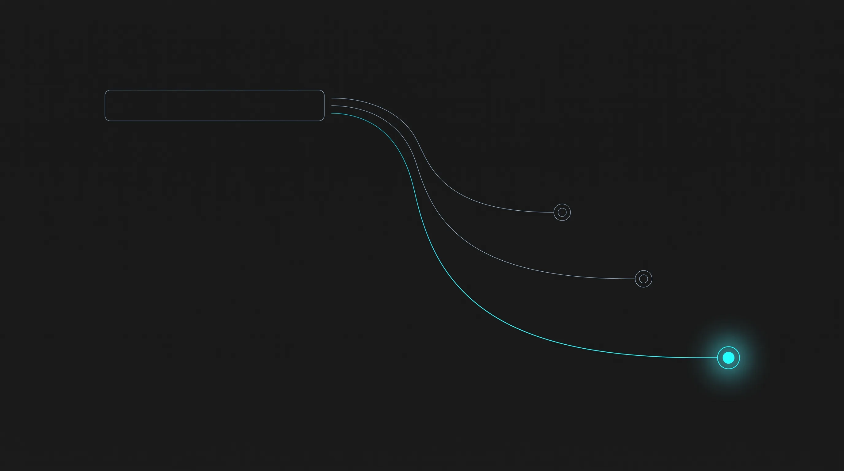 Blueprint-style illustration of three diverging paths from a single search field, one cyan